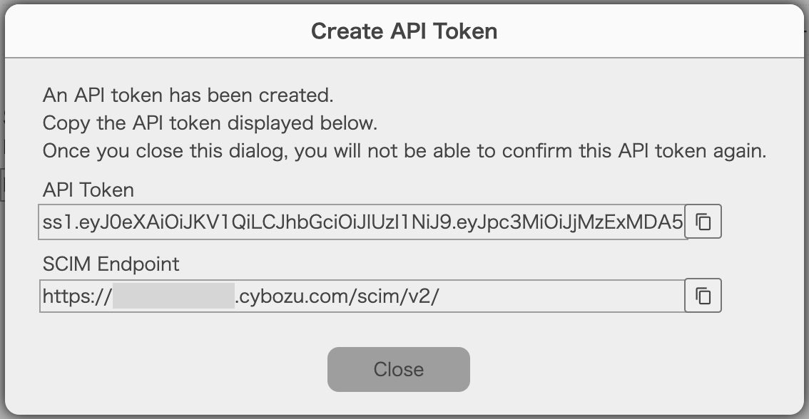 Screenshot: The generated API Token and SCIM endpoint.