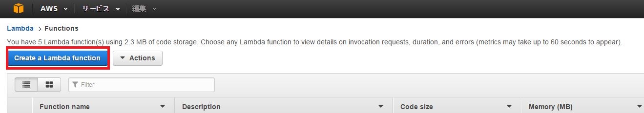 [Create a Lambda fuction]が枠線で囲まれている