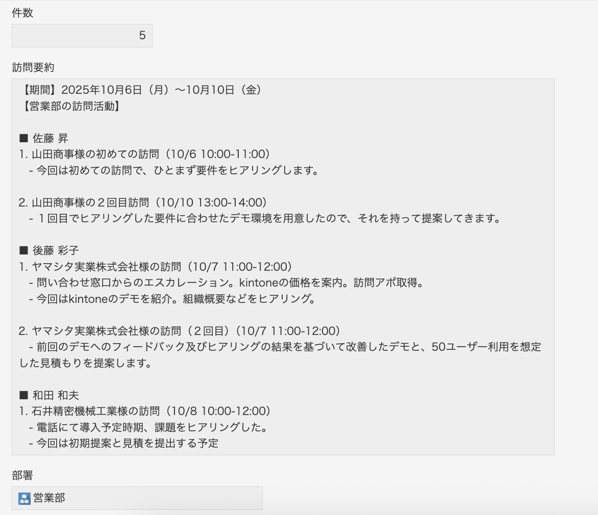 「営業活動の週間報告」アプリにレコードが登録されている