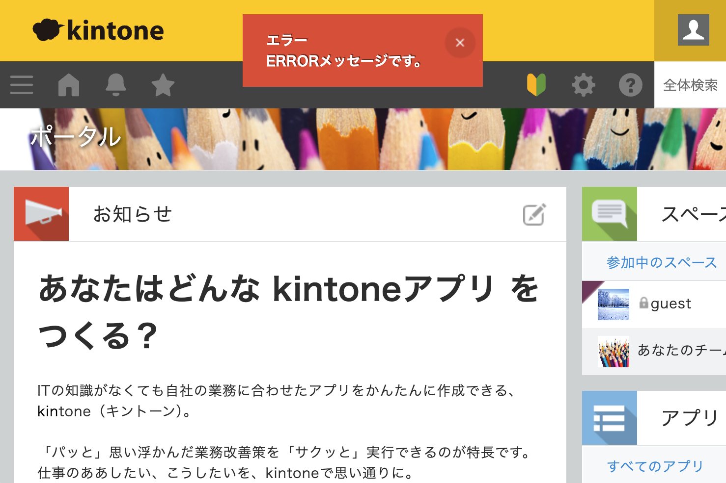 スクリーンショット:赤色のエラーメッセージが表示されている