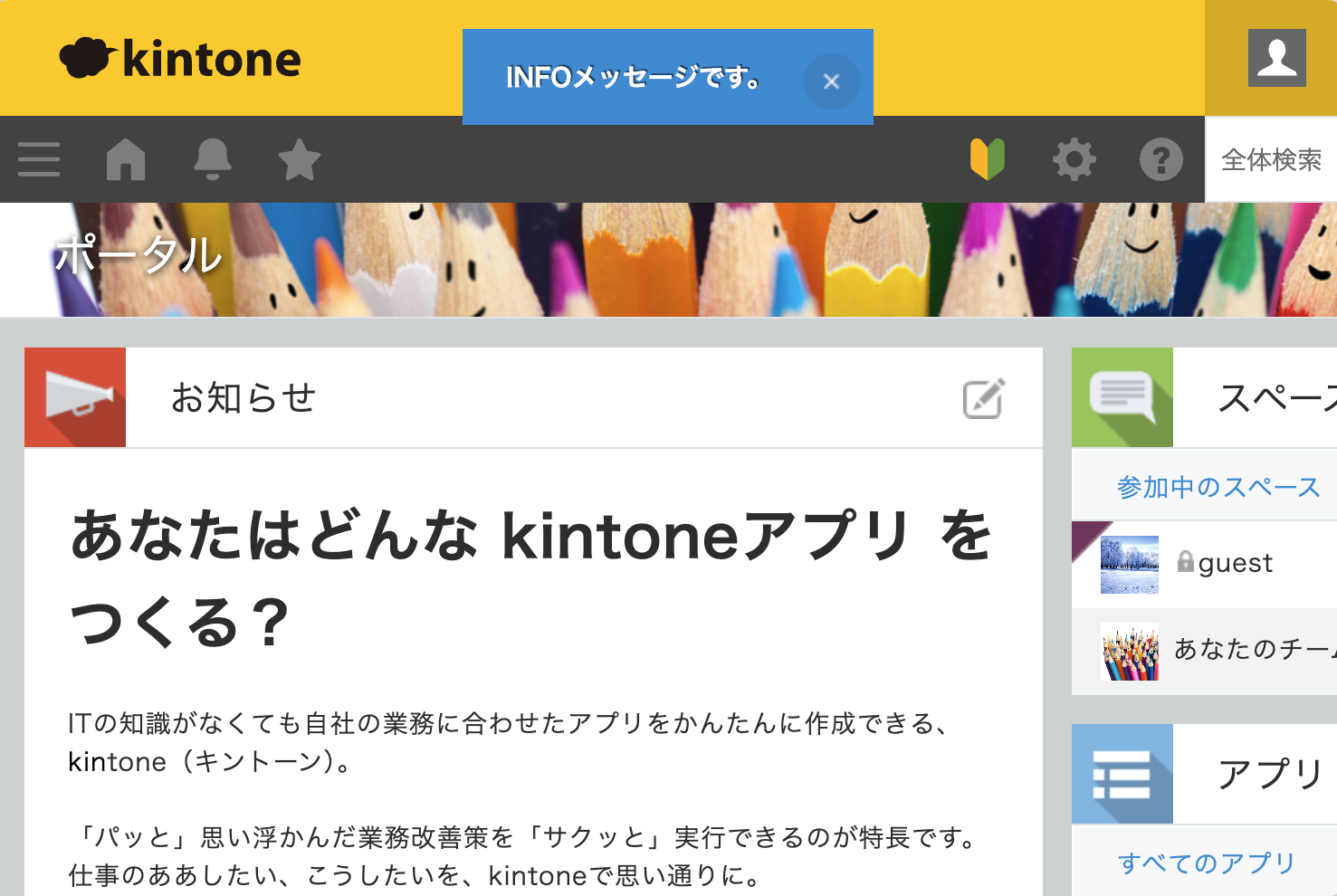 スクリーンショット:青色の情報メッセージが表示されている