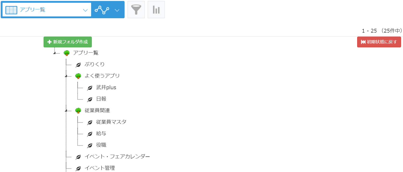 スクリーンショット：レコード一覧画面にアプリの一覧がツリー構造で表示されている