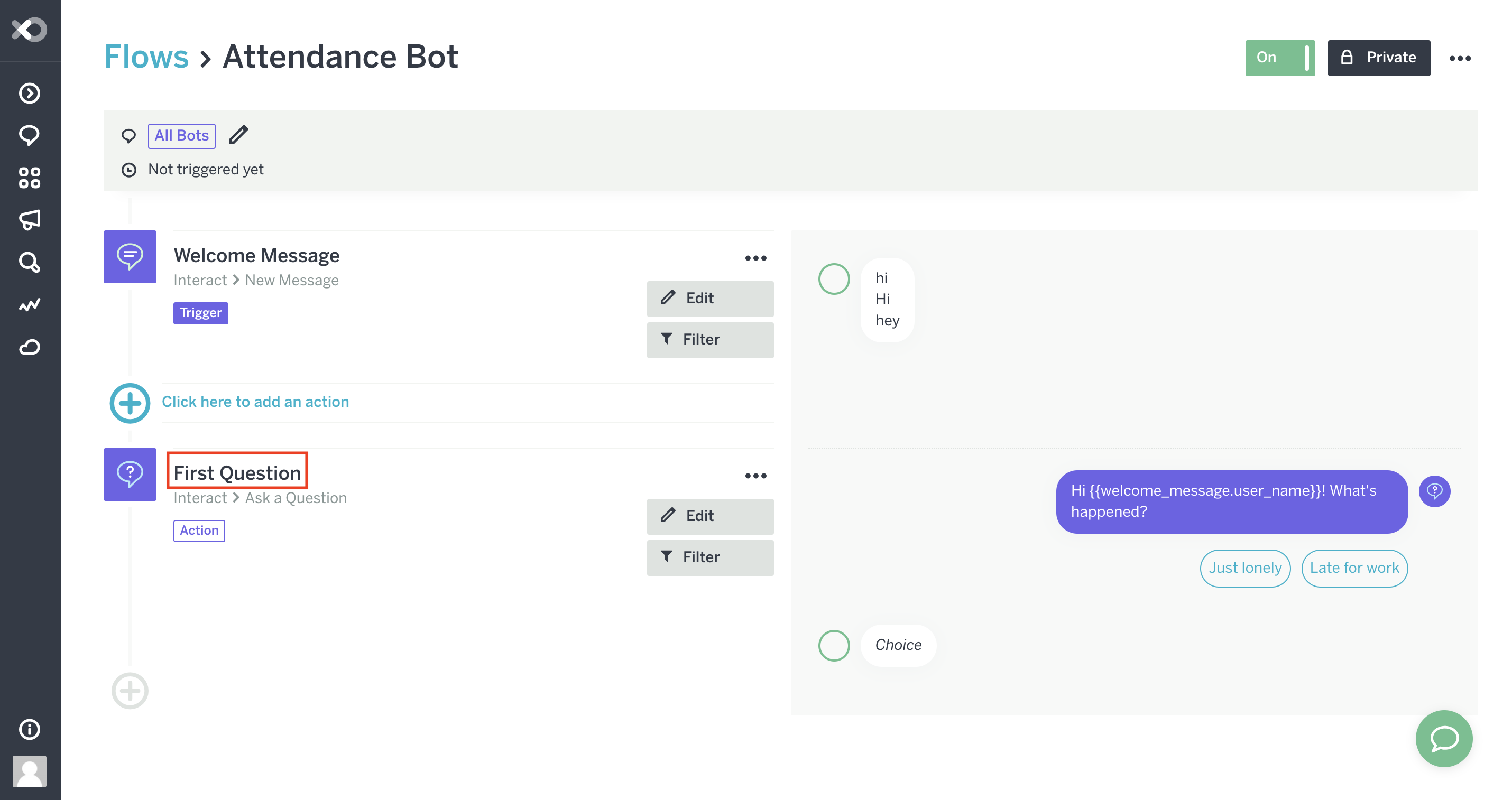 アクション名を「First Question」に変更している