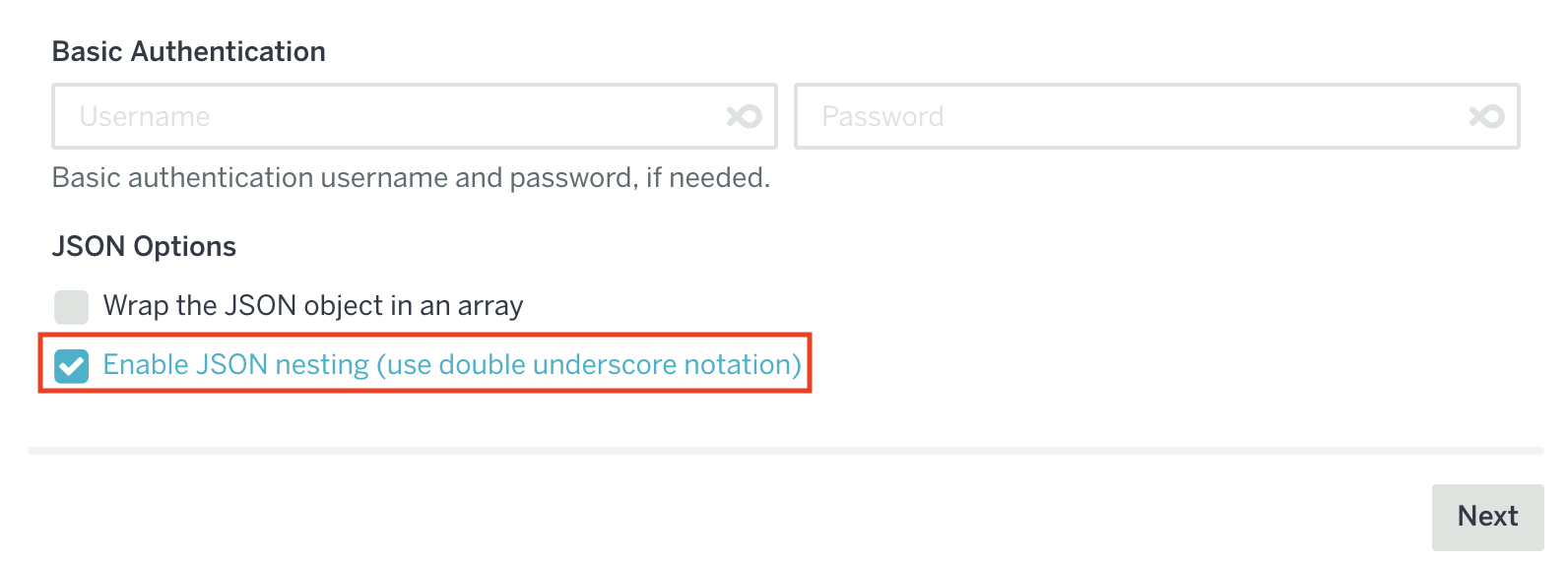 「Enable JSON nesting」が選択されている