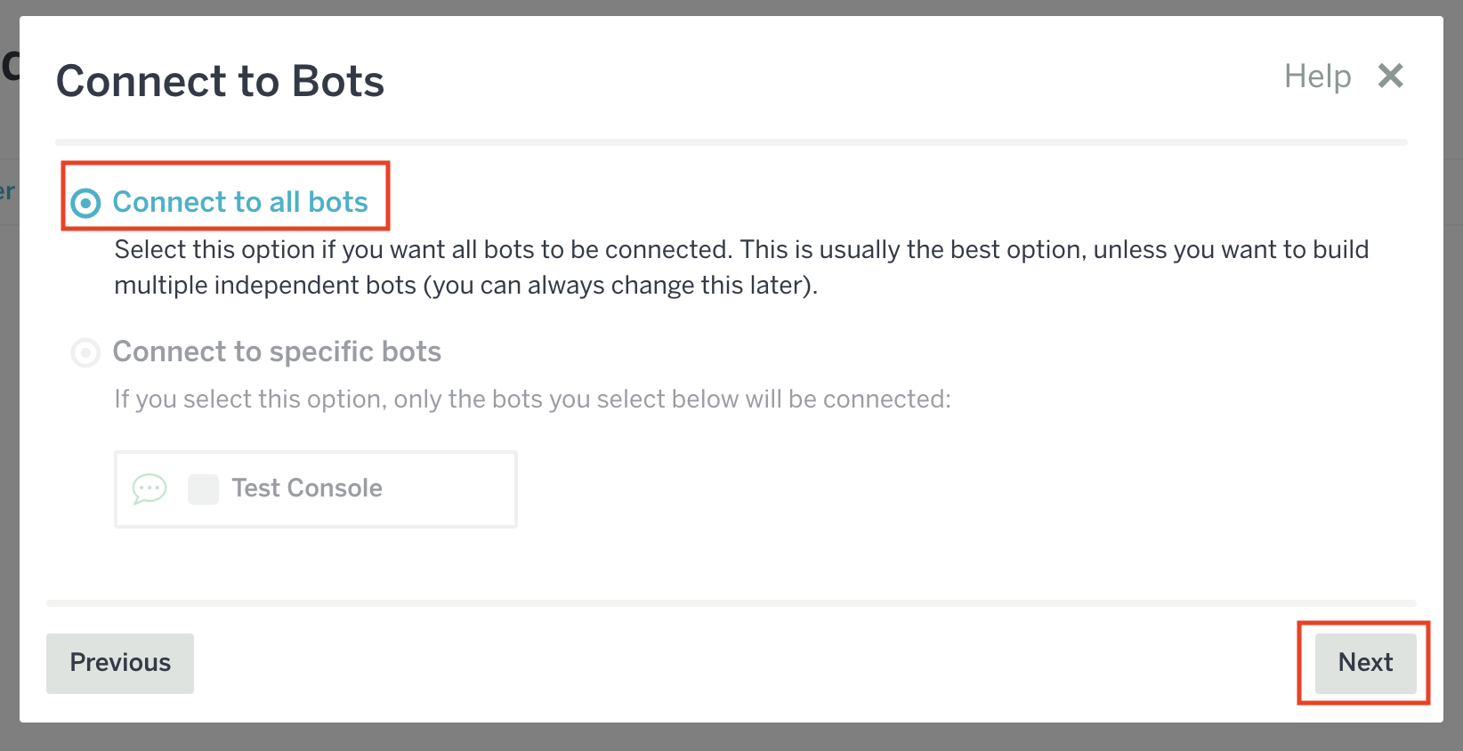 Connect to botsの画面が表示されている