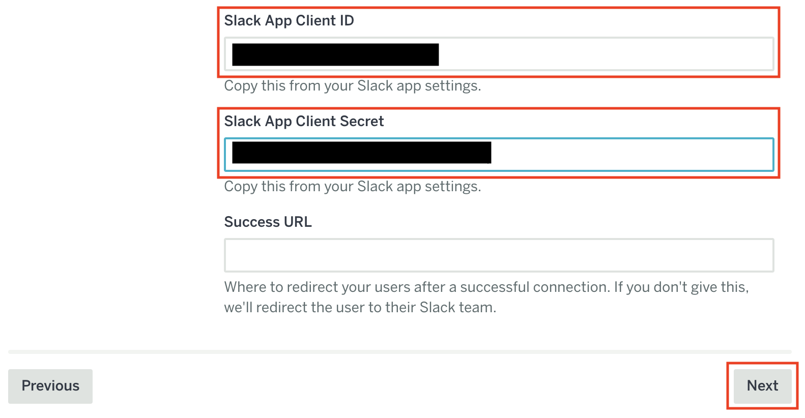 Slack Appの情報を入力している