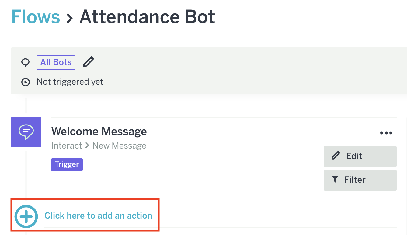 [Click here to add an action] が枠線で囲まれている