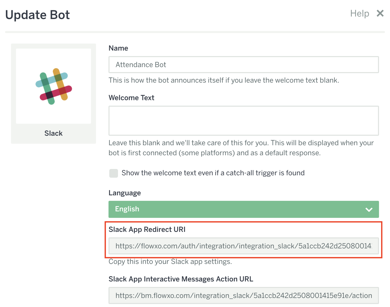 Flow XOのRedirect URIを設定する画面