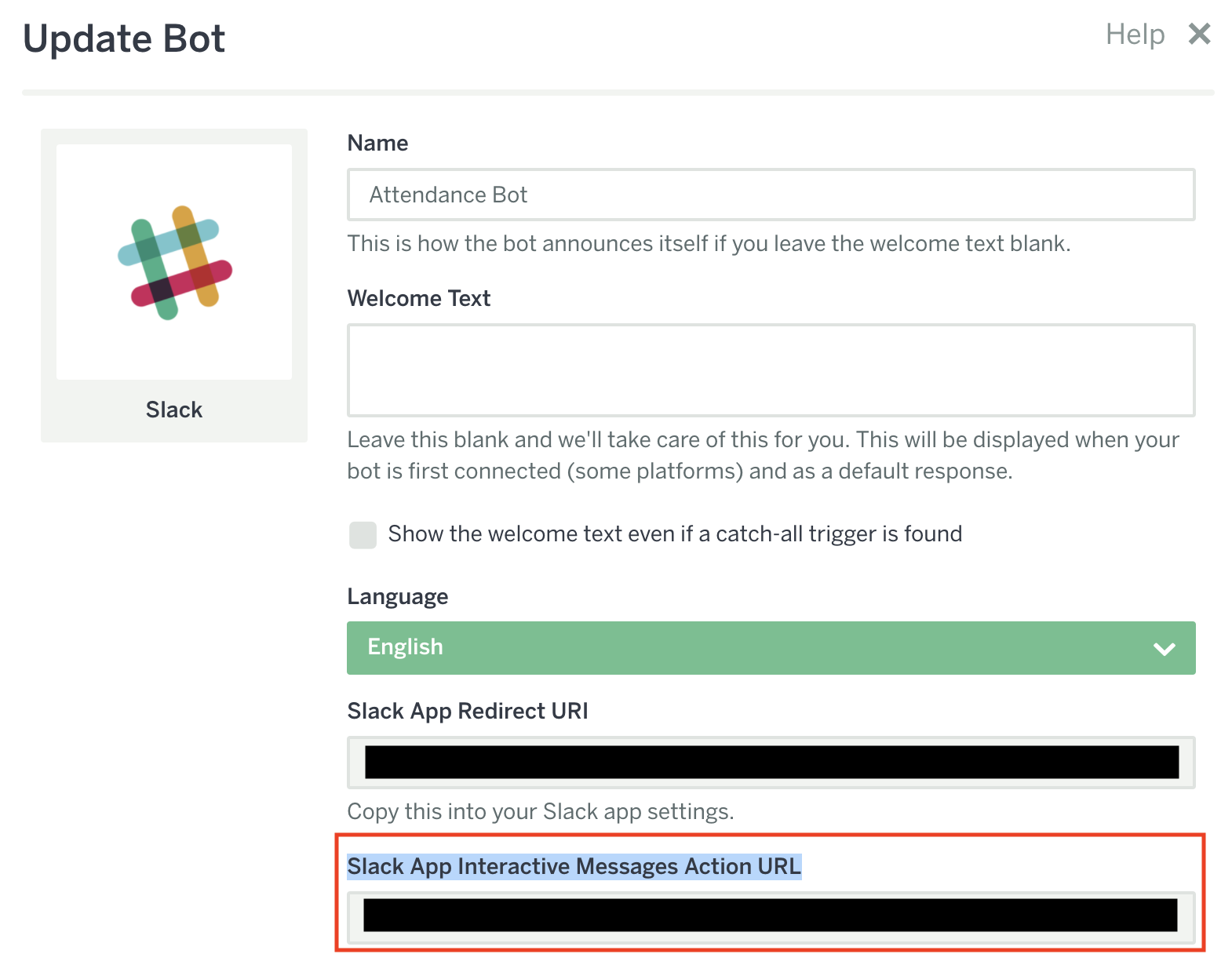 Botを更新する画面にSlack App Interactive Messages Action URLが表示されている