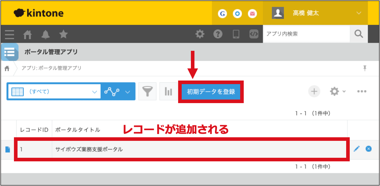 レコードが1件登録されている