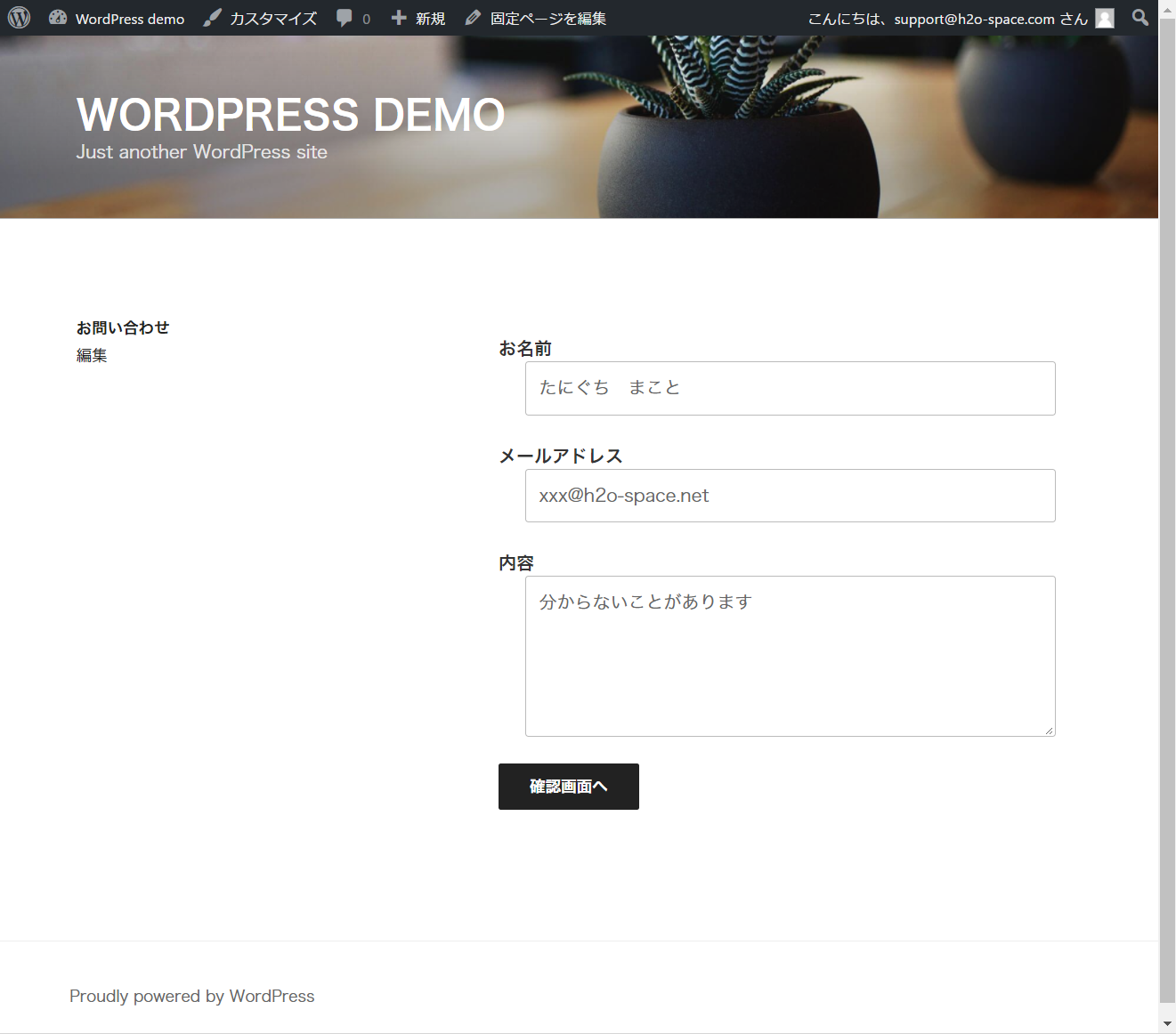 お問い合わせフォームで動作確認をする画面