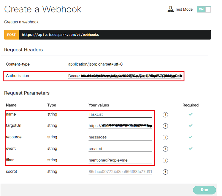 作成するwebhookの設定画面