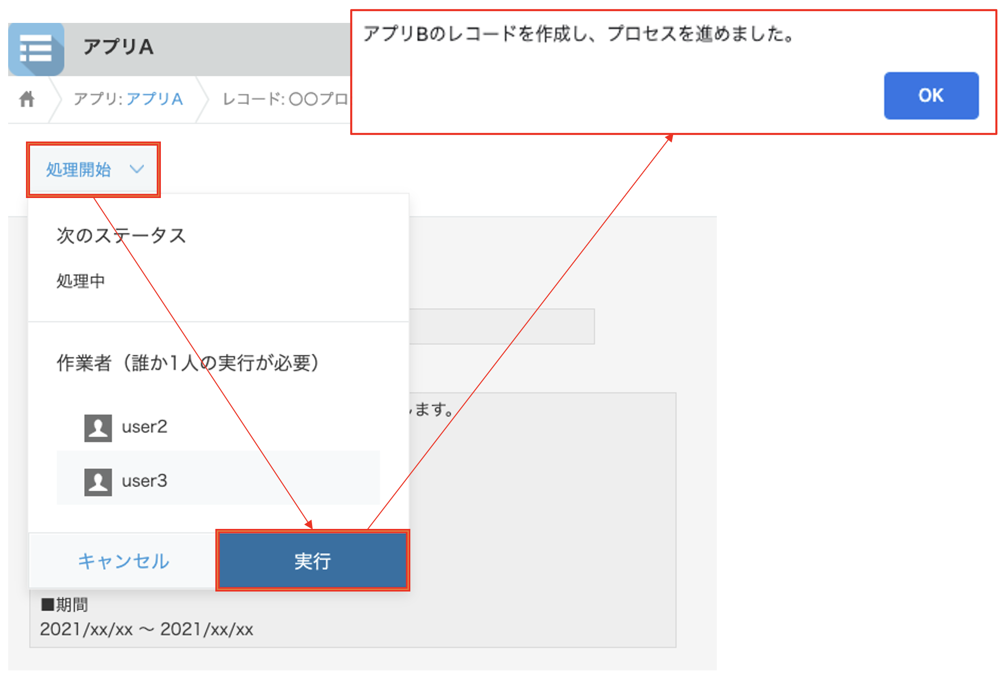 プロセスを進めたときのアプリA上での動作確認の様子