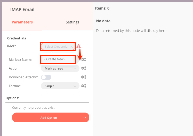「Select Credential」のボックスをクリックし、「Create New」をクリック