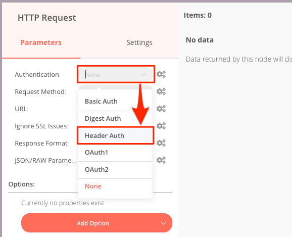 認証方法に「Header Auth」を選択する