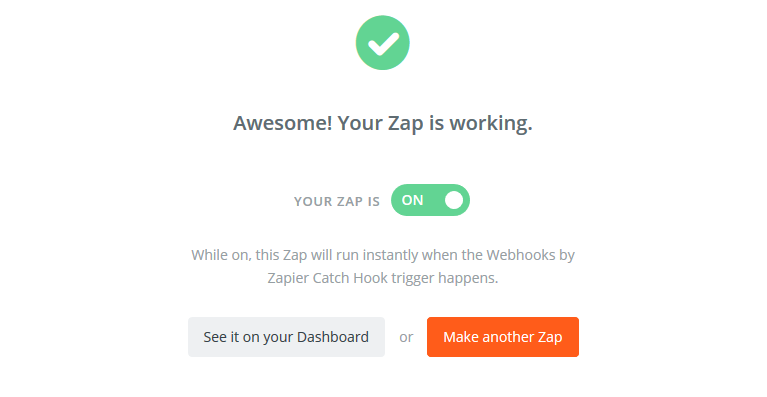 Zapierの設定画面で「finish」をクリックした後の画面