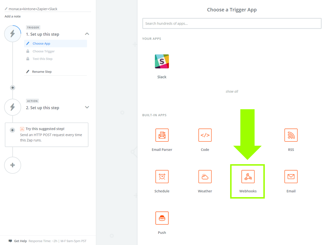 「Choose App」で「Webhooks」を選択する画面