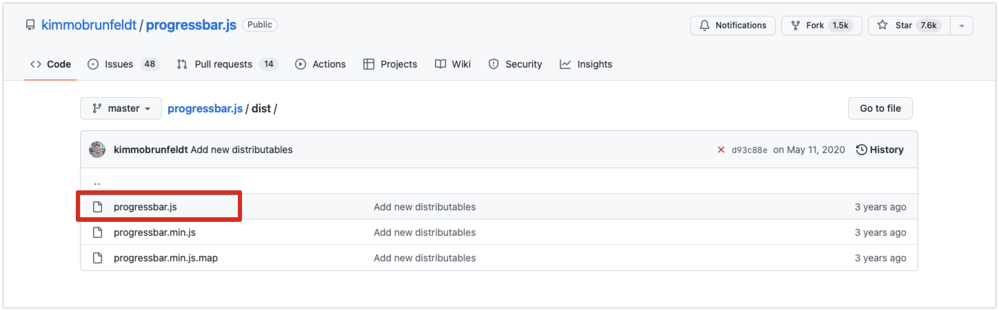 GitHubの画面で「progressbar.js」が表示されている
