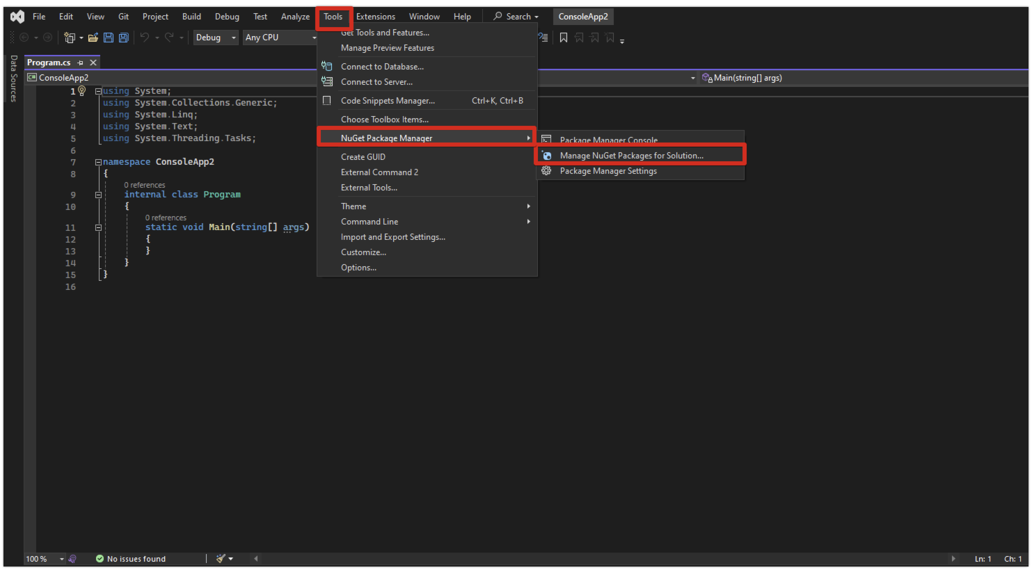 「Manage NuGet Packages for Solution」を選択している