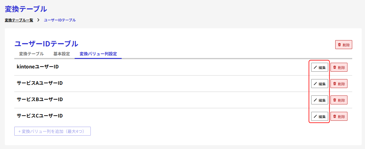 変換バリュー列を編集する