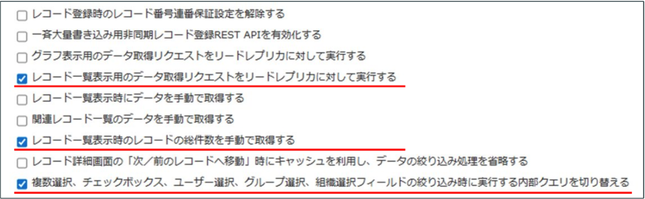 レコード一覧に関する3つの性能カスタマイズオプションを有効化した設定画面