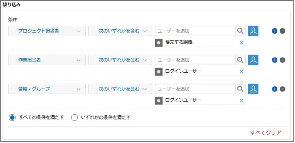 プロジェクト担当者・作業担当者・管轄グループの3条件を「次のいずれかを含む」で組み合わせた絞り込み設定画面