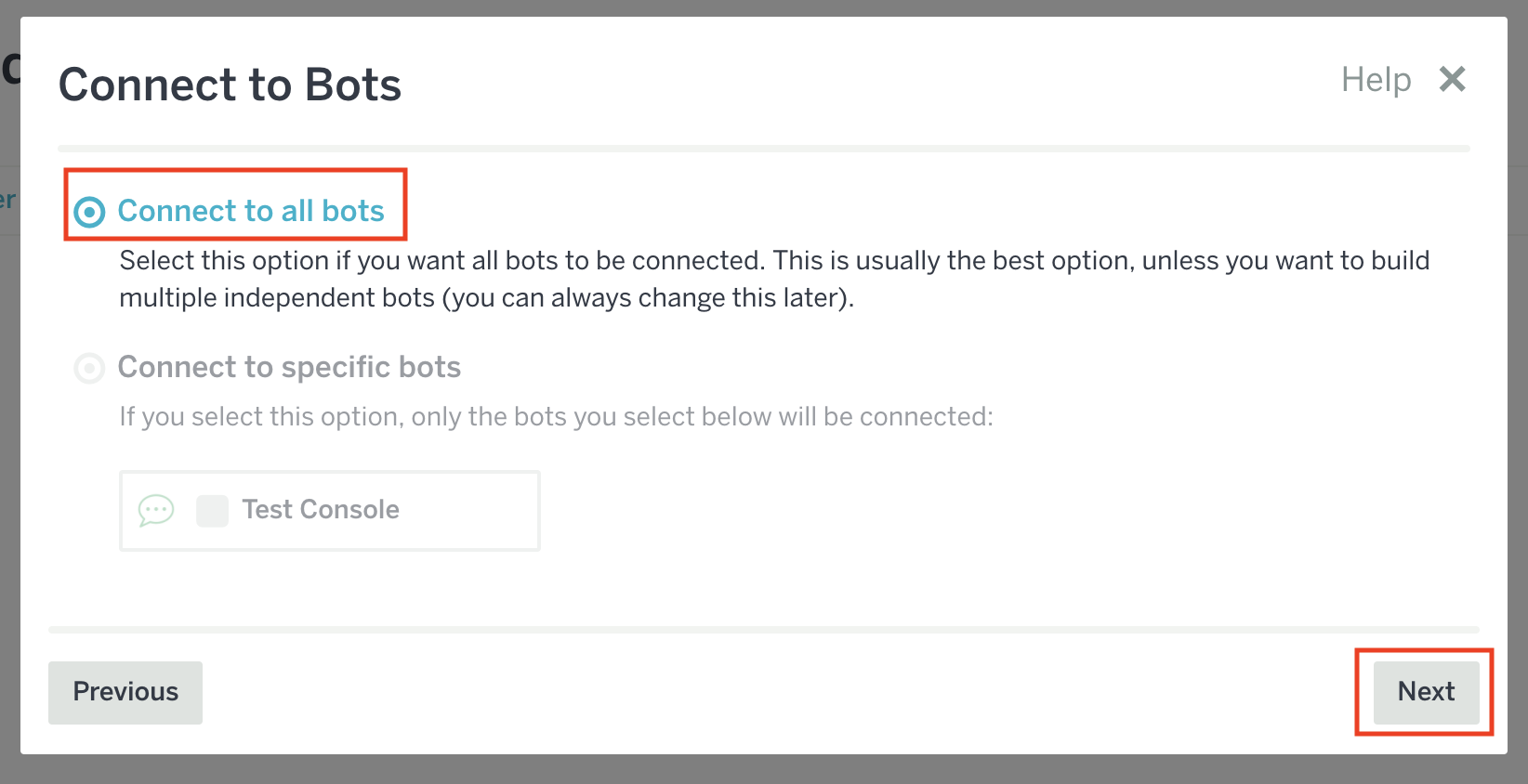 Connect to bots の画面が表示されている
