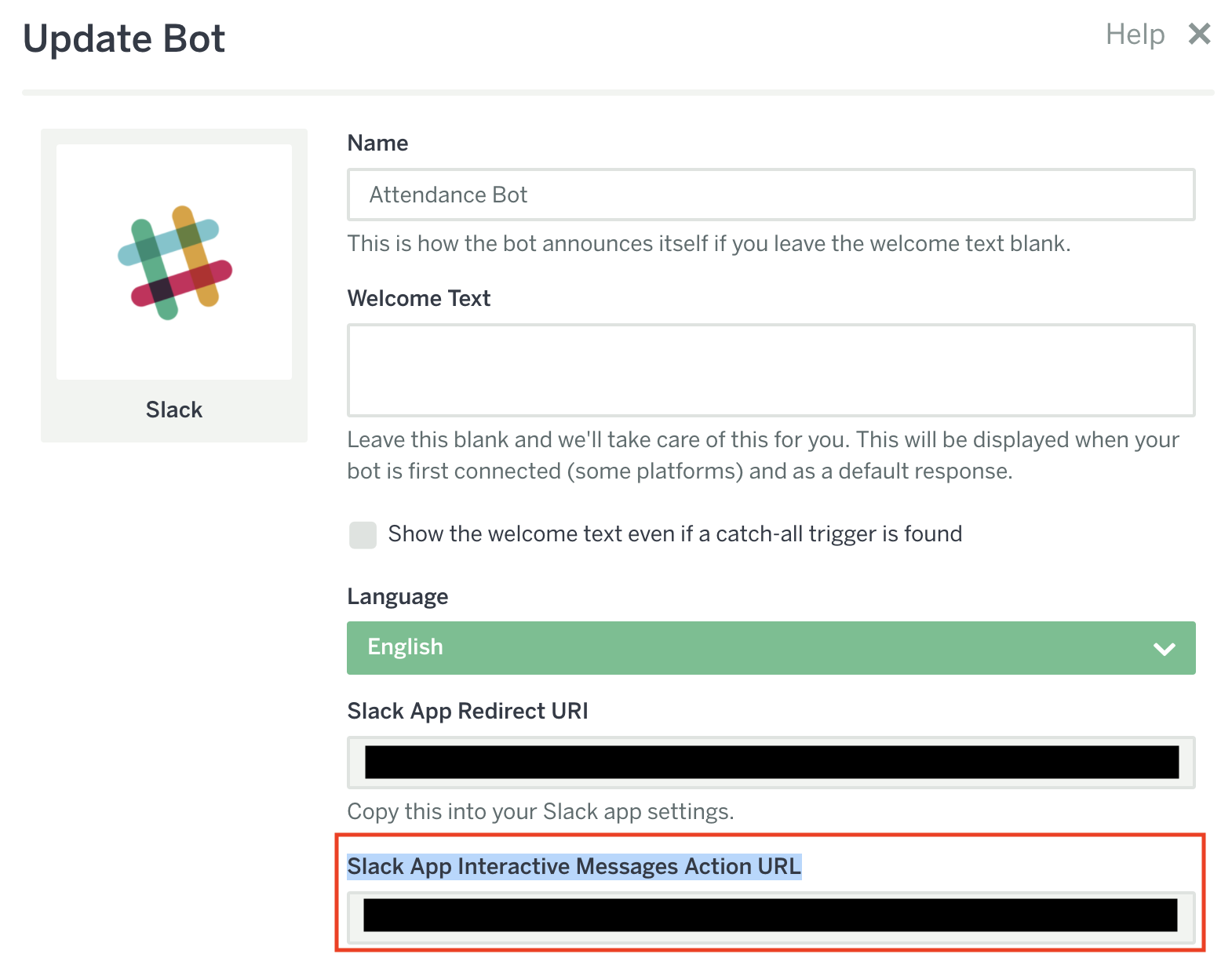 Bot を更新する画面に Slack App Interactive Messages Action URL が表示されている