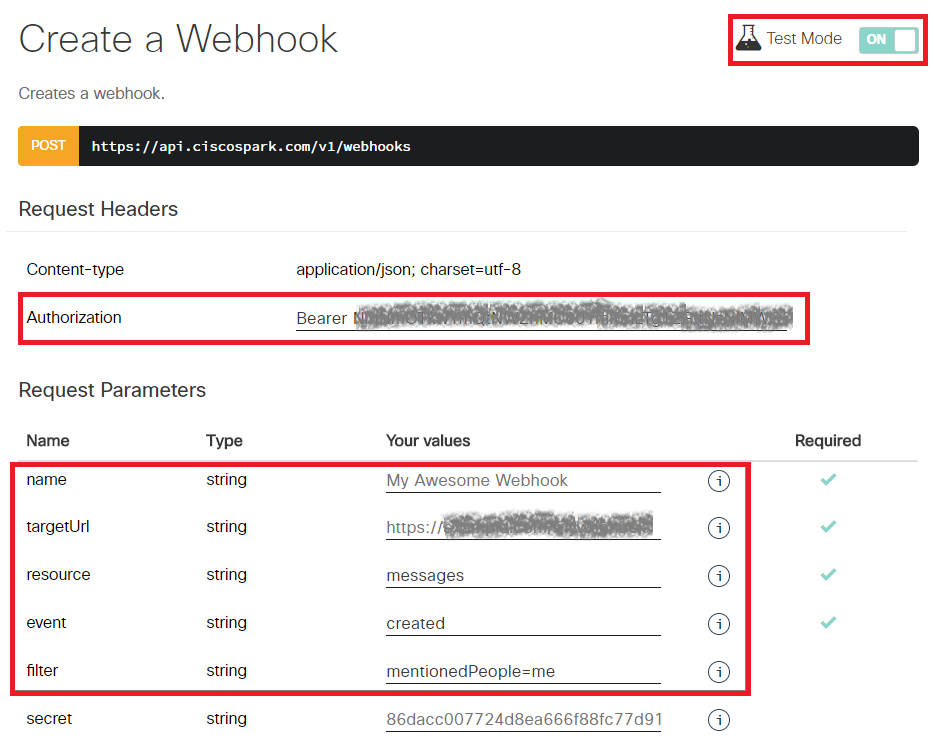 Cisco Webex Messaging の Webhook の設定画面-1