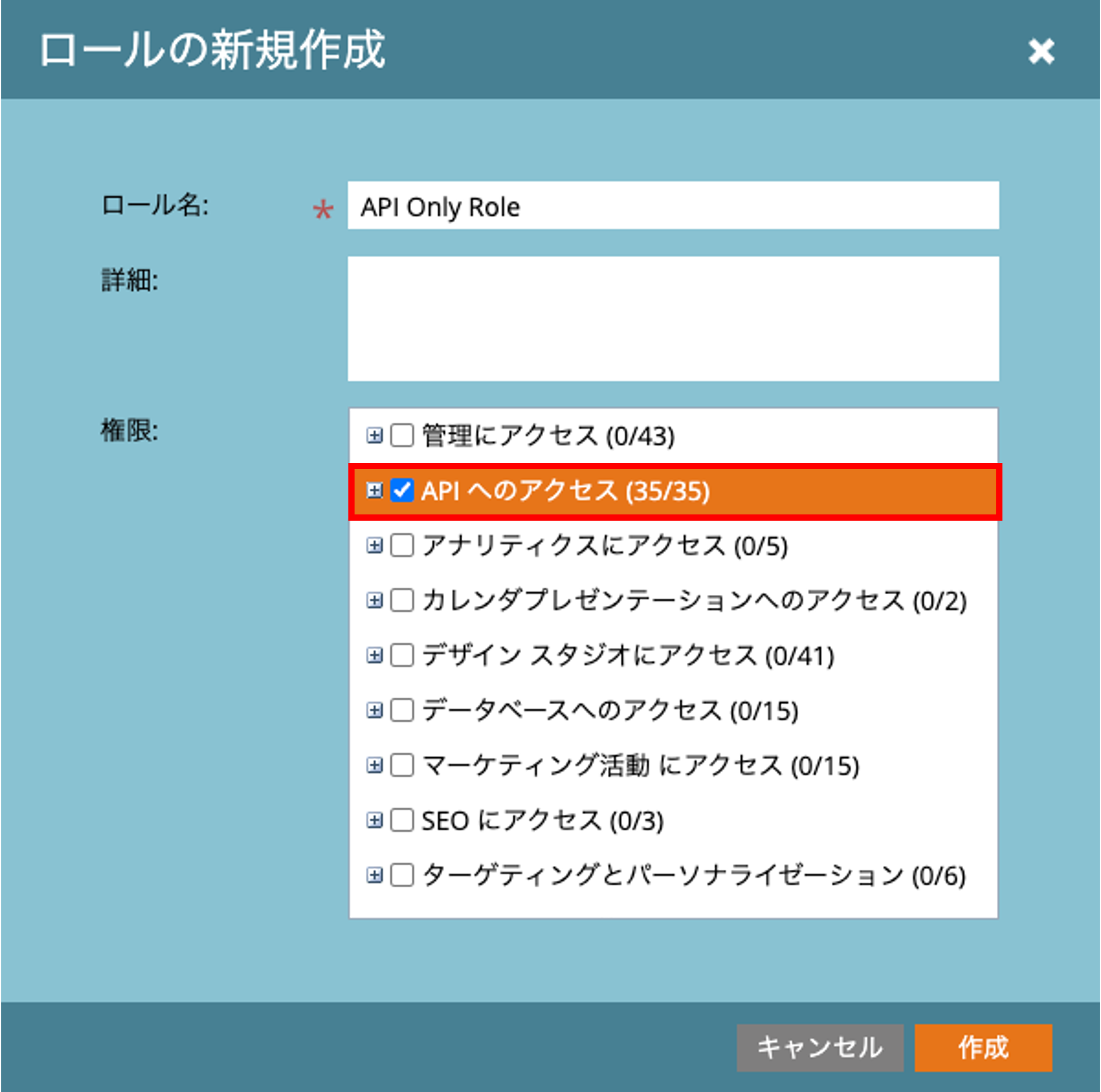 「APIへのアクセス」が枠線で囲まれている