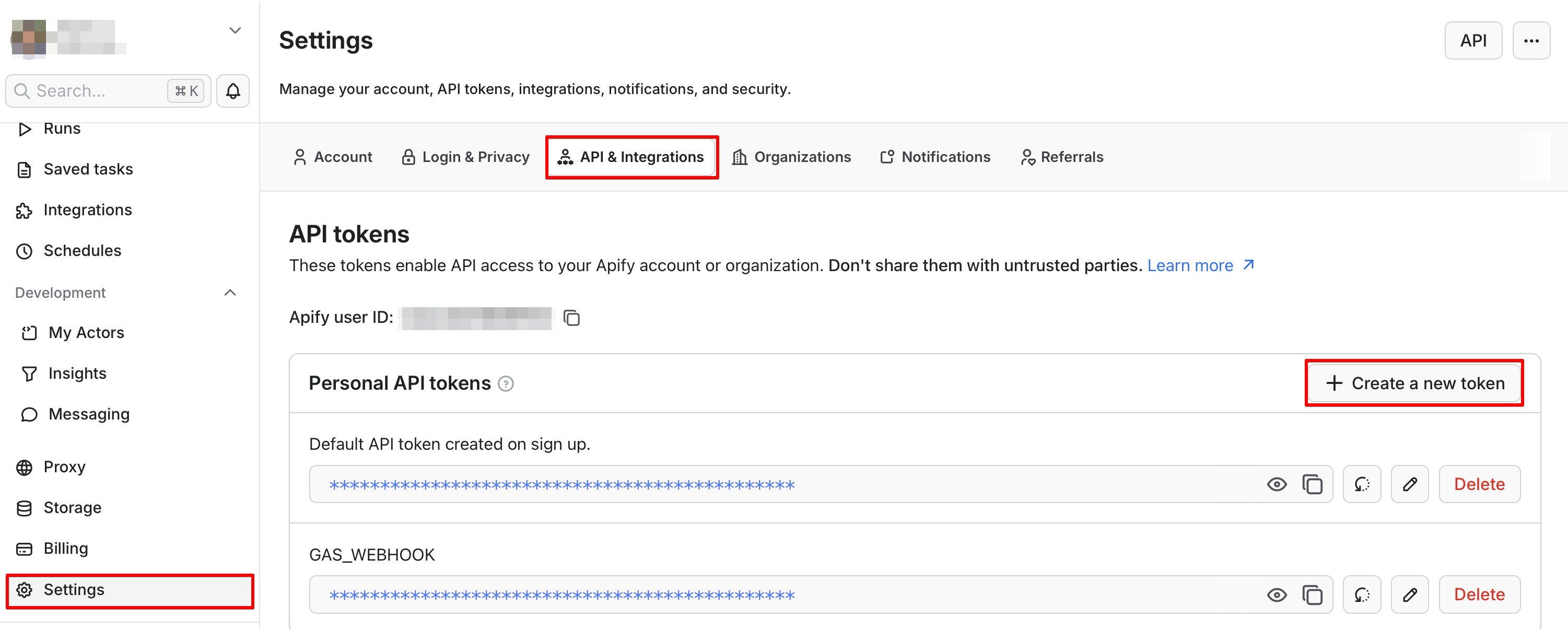 Apify APIトークンの新規作成ボタン