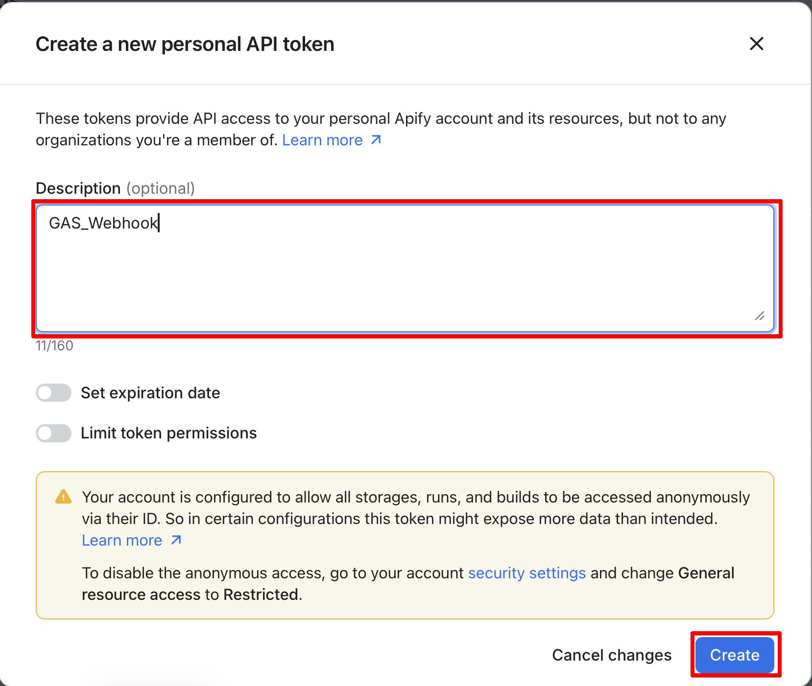 Apify APIトークンの新規作成画面