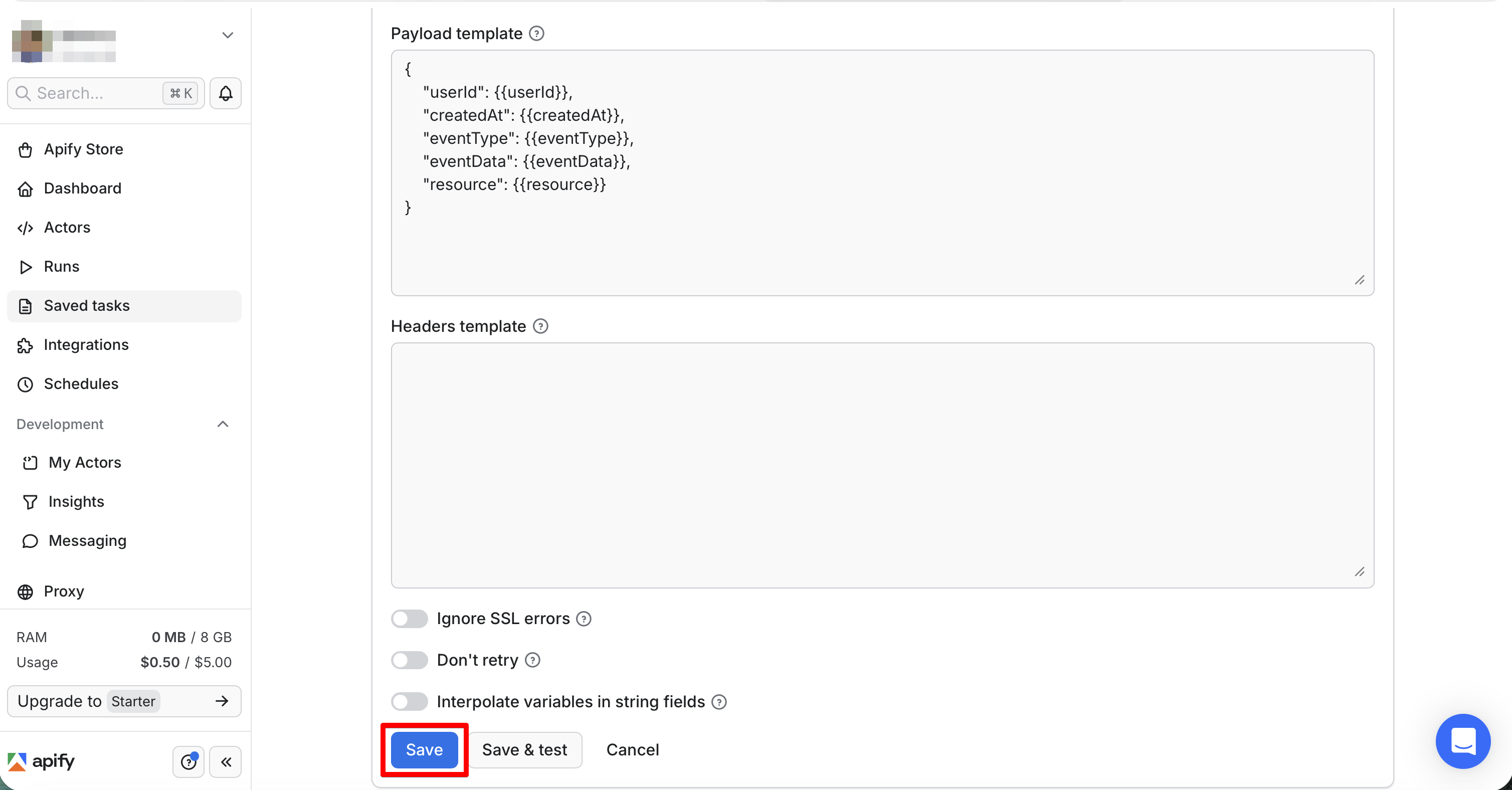 Webhookの設定の保存
