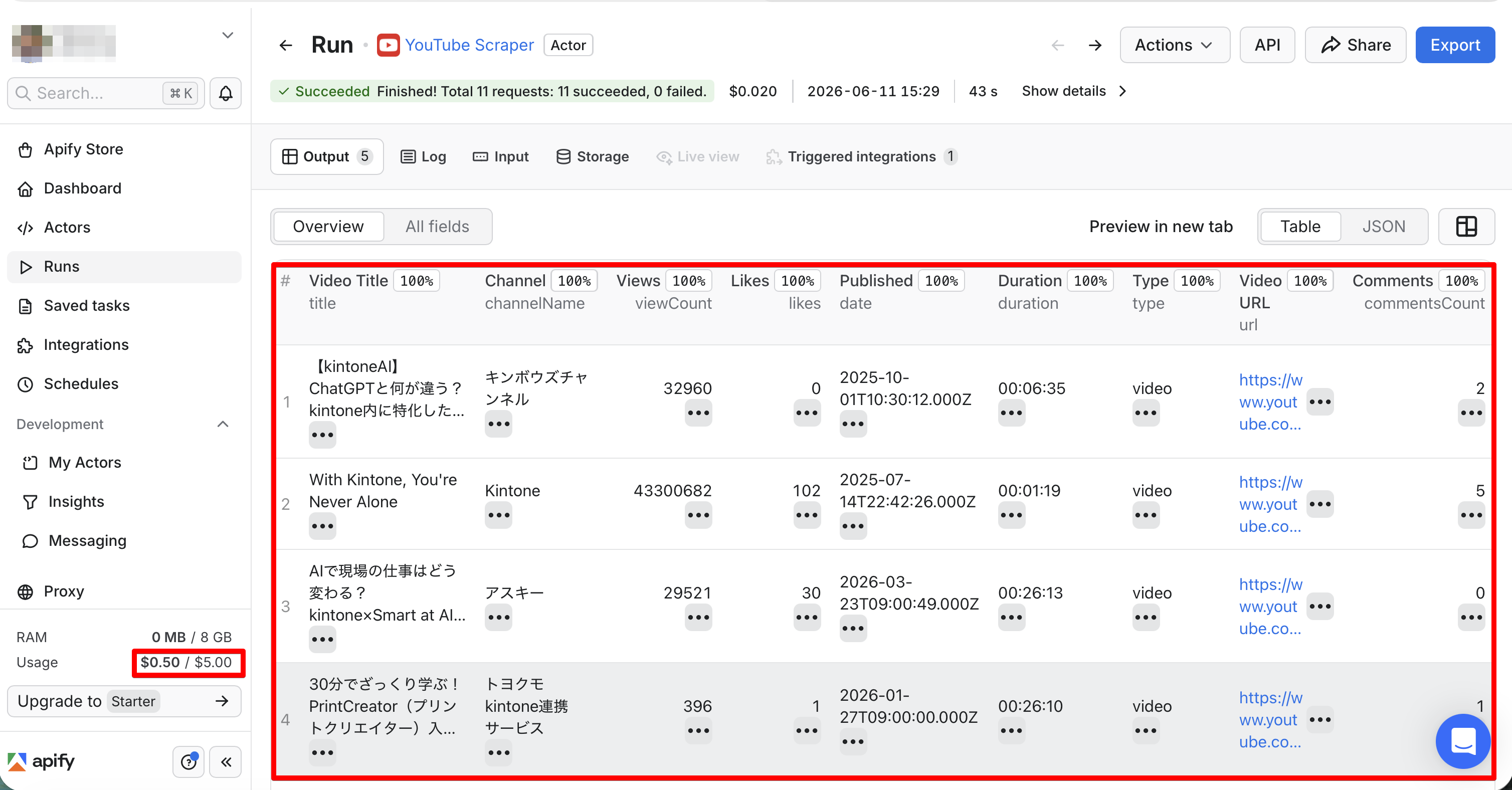 YouTube Scraperの検索結果表示画面