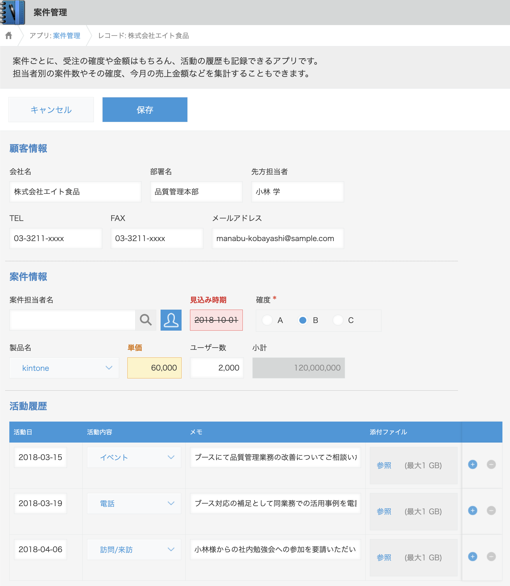 単価フィールドがオレンジ色、見込み時期フィールドが赤色で注意表示されている例