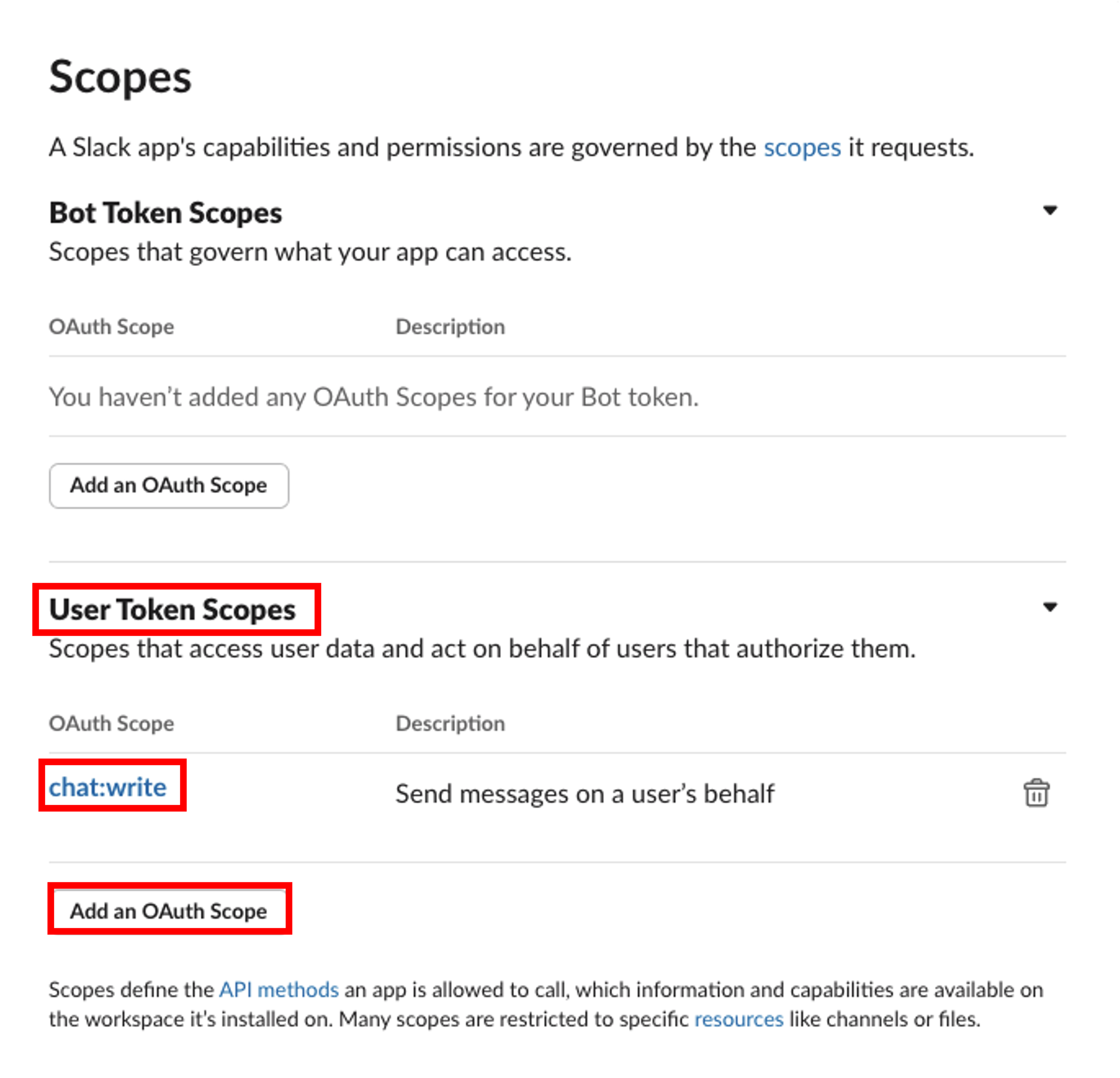 OAuth & Permissions設定画面で使用するAPIメソッドを選択