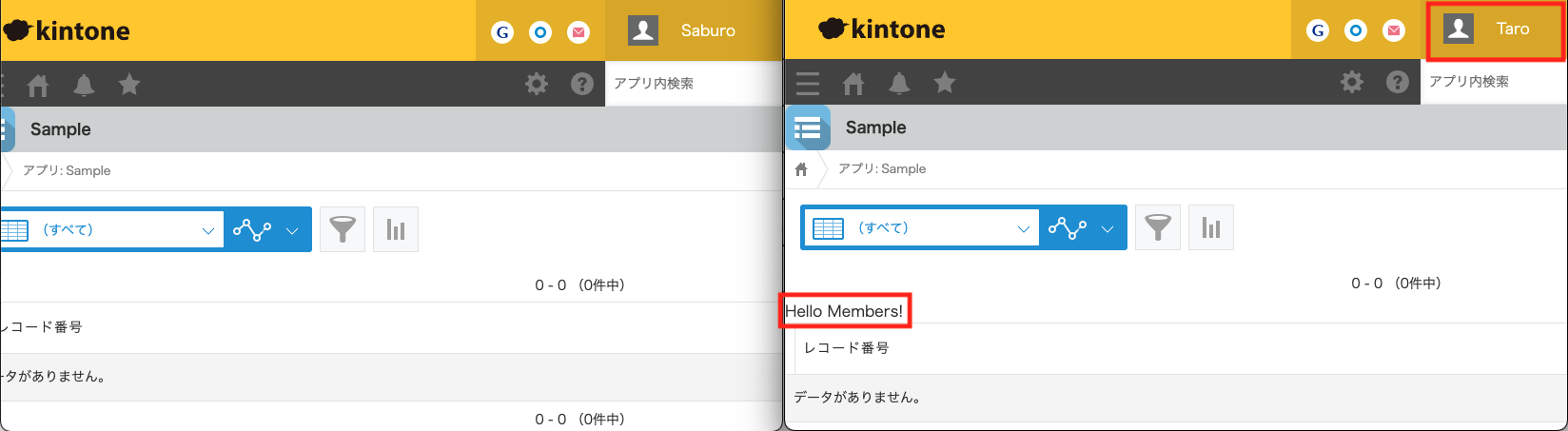 レコード一覧のメニューの下側に「Hello Members!」が表示されている