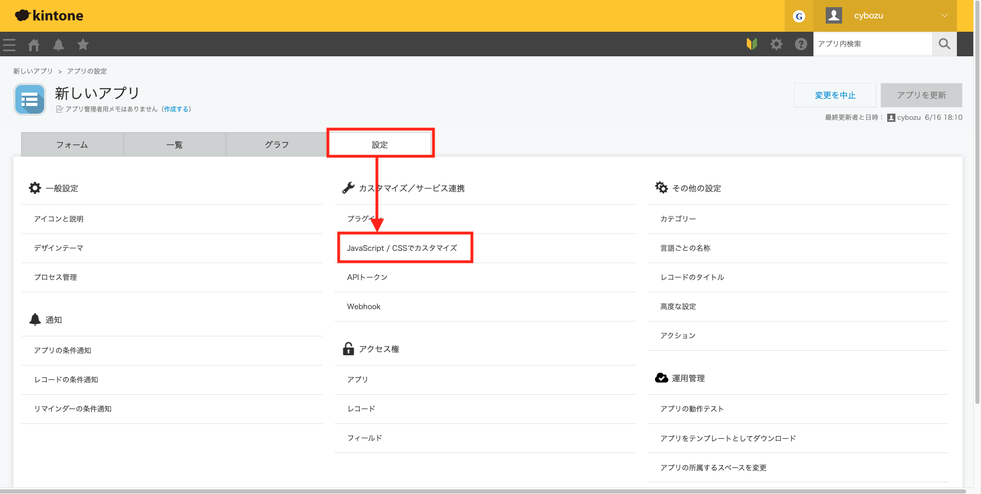 スクリーンショット：「設定」タブから「JavaScript / CSSでカスタマイズ」をクリック