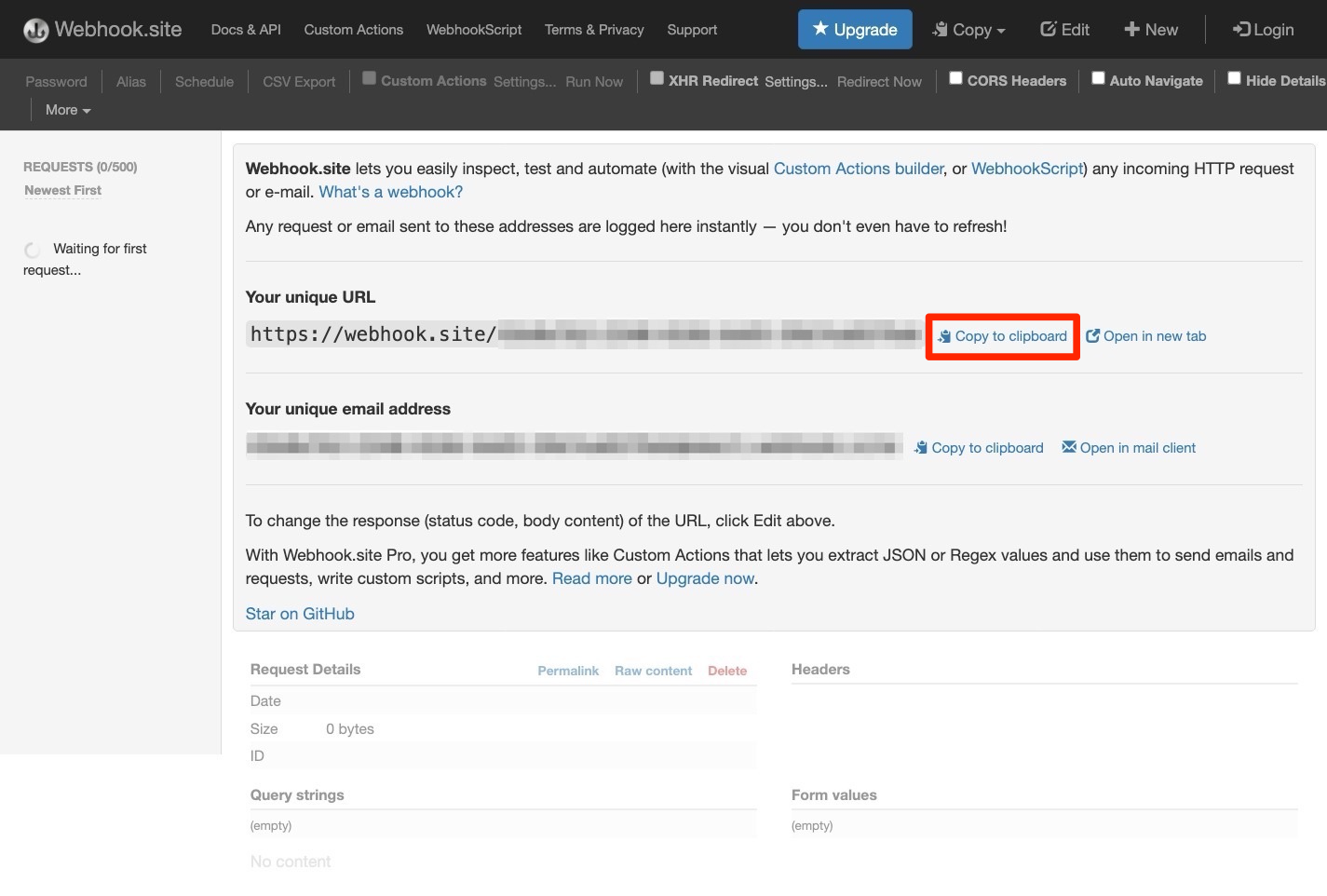 スクリーンショット：webhook.siteの画面。Copy to clipboardが枠線で囲まれている