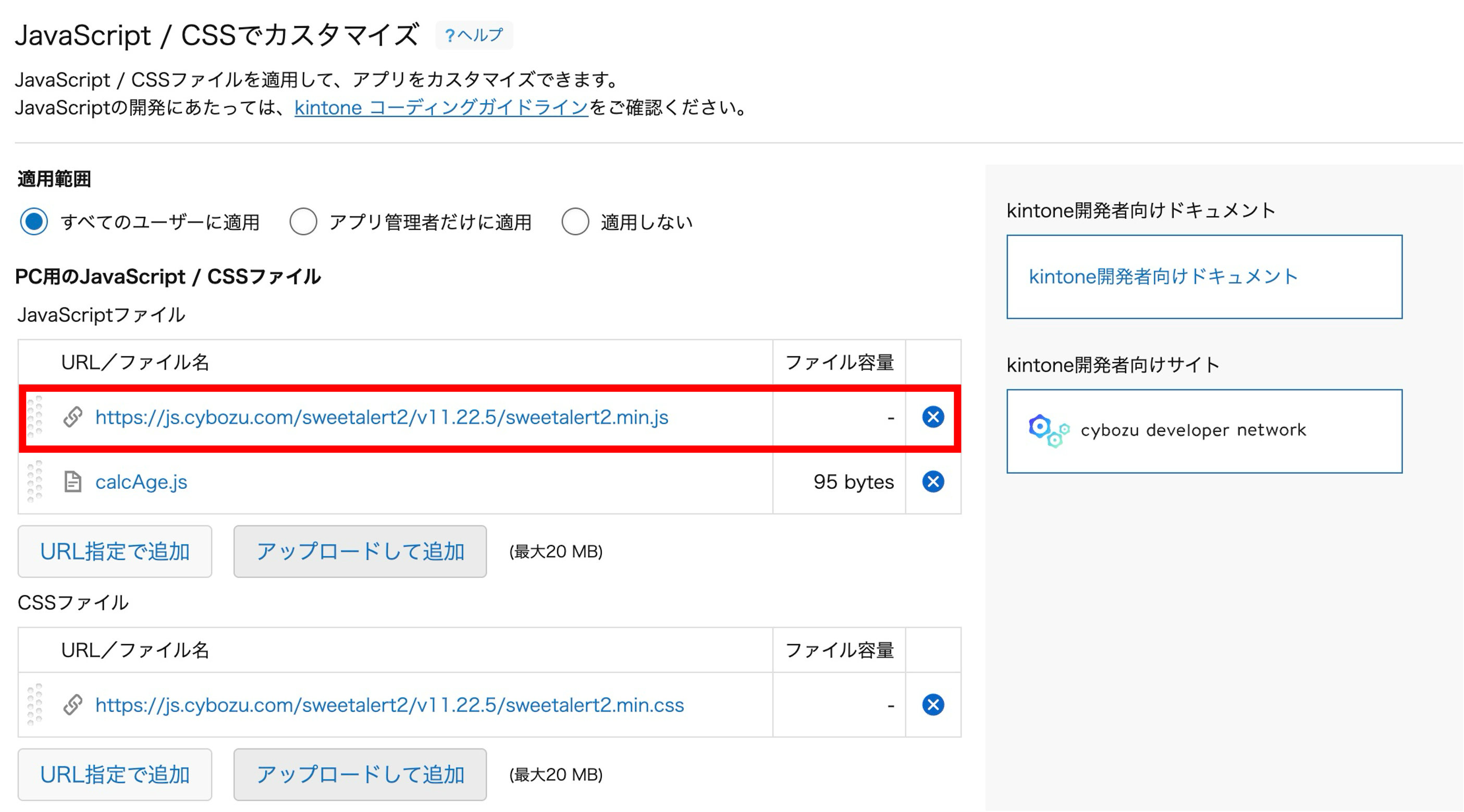 JavaScript/CSS設定画面が表示されている
